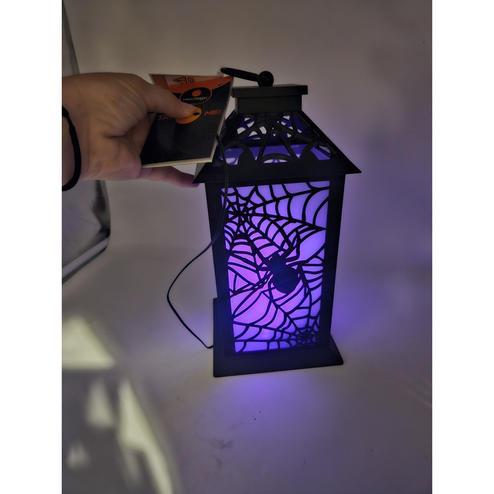Plastic Black Lantern Spider Design W/ Flickering Purple LED Light